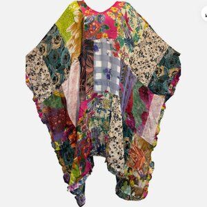 Nwt FUNKY STUFF boho patch ruffle sheer PONCHO TOP COVERUP O/S fits L XL 1X